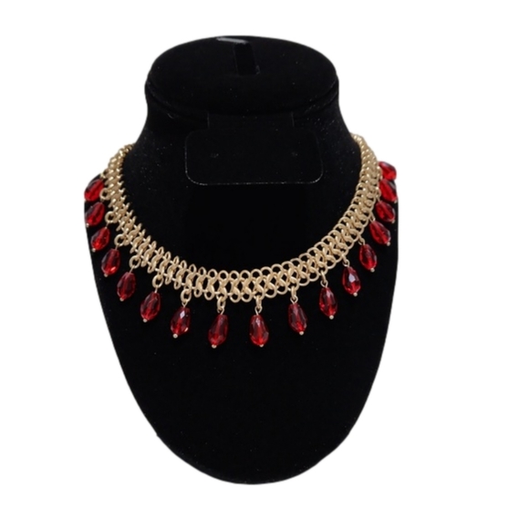 Patricia Nash Chain Mail Collar Gold Tone Necklace. Bold red beads